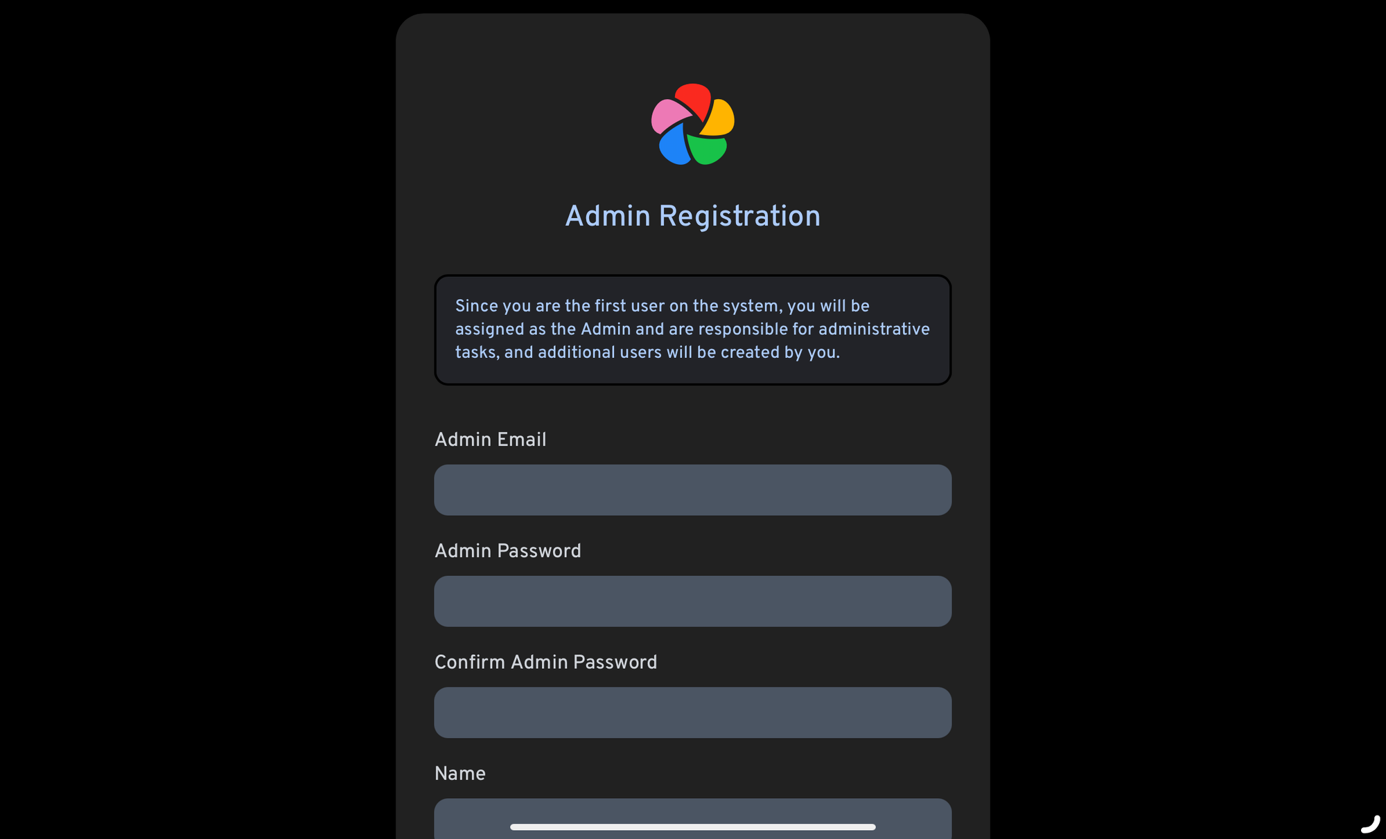 Admin registration screen