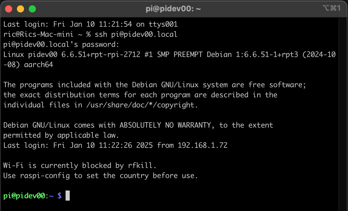 successfully logging into the PI via SSH