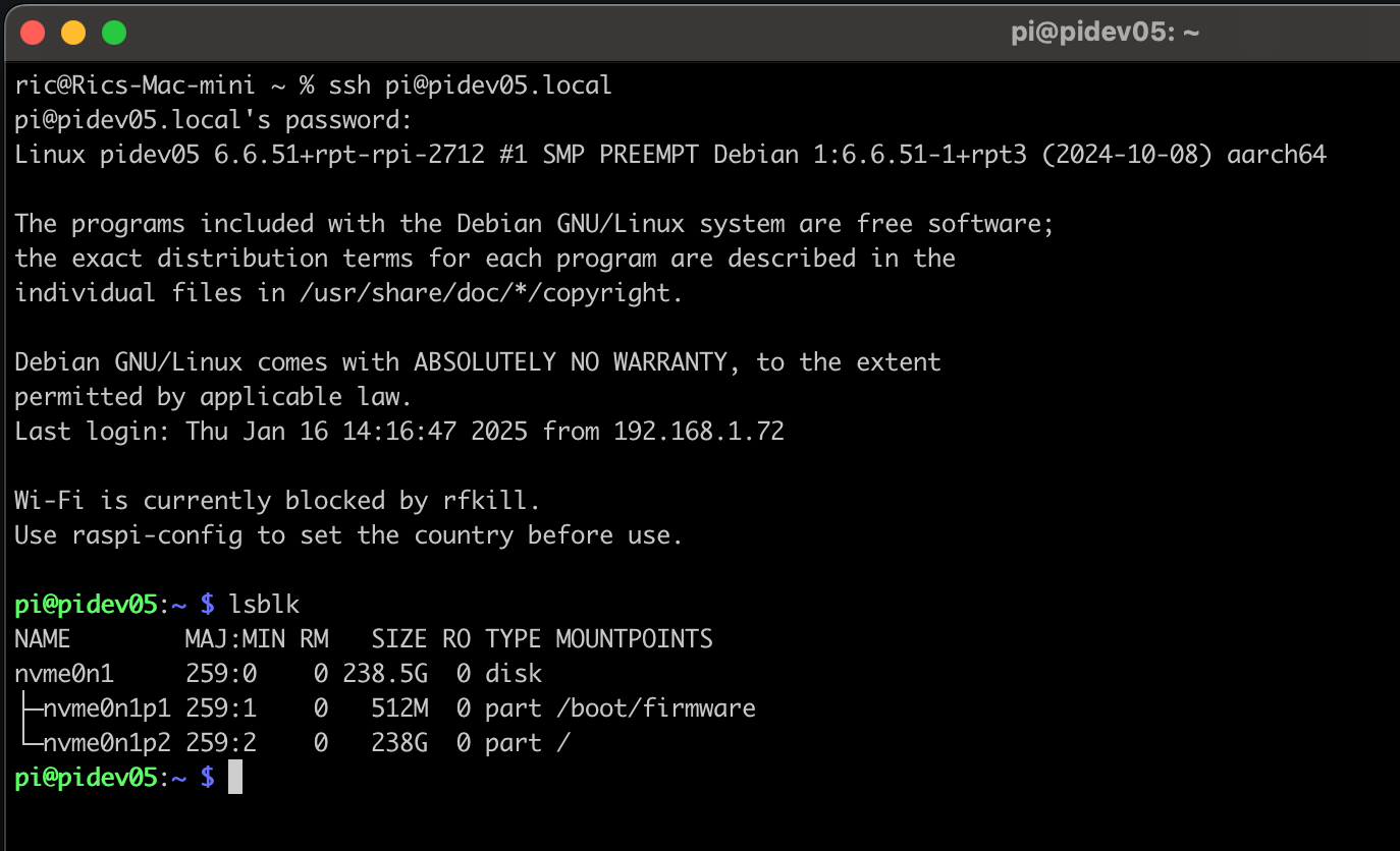 SHell output showing the SSD is now the root device