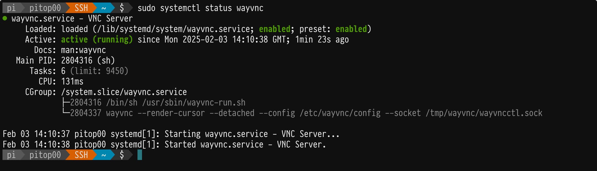 Output of the systemctl status wayvnc command