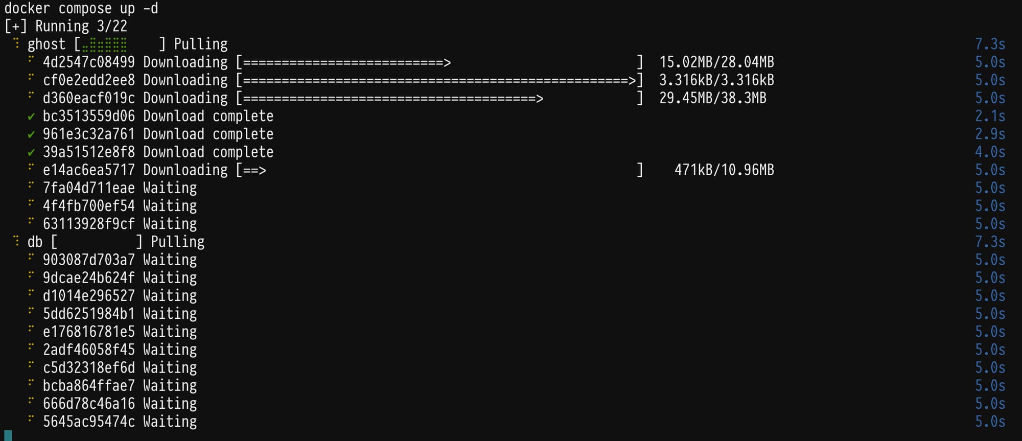 docker compose pulling the images for the ghost cams and mysql